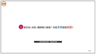 20/195
Q
技術管理
是否為 ( 技術 ) 團隊導入敏捷？你是支持還是反對？
心裡浮現很多故事，可能有好有壞
 
