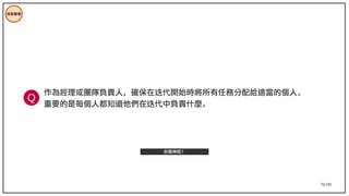 70/195
技術管理
作為經理或團隊負責人，確保在迭代開始時將所有任務分配給適當的個人。
重要的是每個人都知道他們在迭代中負責什麼。
Q
你覺得呢？
 