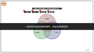 80/195
技術管理
Quality Cost
Trade-off
Speed
當產品 / 專案有問題時，通常我們的選擇有什麼？
時程延長 調整範圍
加班 加人
1 2 3 4
一個成熟的敏捷組織或團隊，應該會選擇哪個？
 