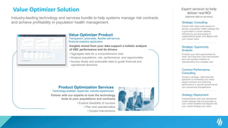 Value Optimizer Solution
Strategic Opportunity
Analysis
Prioritize your best opportunities for
short- and long-term care improvement
and cost savings initiatives to
operationalize your strategic plan
Strategic Consulting
Partner with nation-wide experts to
devise a population health strategy that
is grounded in current realities,
informed by and accounting of
organizational goals, and aligned with
your overall vision.
Strategy Deployment
Industry-leading technology and services bundle to help systems manage risk contracts
and achieve profitability in population health management.
Value Optimizer Product
Transparent, actionable, flexible self-service
financial analytics application
Product Optimization Services
Technology-enabled, expert-led, industry-experienced
Partner with our experts to tune the technology
tools to your populations and contracts
• Explore feasibility of success
• Plan and operationalize
• Guided interventions
Insights mined from your data support a holistic analysis
of VBC performance and its drivers
• Aggregate data for a comprehensive view
• Analyze populations, risk, performance, and opportunities
• Access timely and actionable data to guide financial and
operational decisions
Implementation plan and operational
model redesign that are grounded in
your current realities and aligned with
your overall strategy and vision
Contract Performance
Consulting
Access a strategic, data-informed
approach to evaluating your value-
based contracts and improving
performance in specific governmental
and commercial arrangements.
Expert services to help
deliver real ROI
(optional add-on services)
 