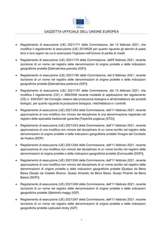 3
GAZZETTA UFFICIALE DELL’UNIONE EUROPEA
 Regolamento di esecuzione (UE) 2021/171 della Commissione, del 12 febbraio 2021, che
modifica il regolamento di esecuzione (UE) 2019/626 per quanto riguarda gli elenchi di paesi
terzi e loro regioni da cui è autorizzato l’ingresso nell’Unione di partite di insetti
 Regolamento di esecuzione (UE) 2021/179 della Commissione, dell'8 febbraio 2021, recante
iscrizione di un nome nel registro delle denominazioni di origine protette e delle indicazioni
geografiche protette [Dalmatinska panceta (IGP)]
 Regolamento di esecuzione (UE) 2021/180 della Commissione, del 9 febbraio 2021, recante
iscrizione di un nome nel registro delle denominazioni di origine protette e delle indicazioni
geografiche protette [Dalmatinska pečenica (IGP)]
 Regolamento di esecuzione (UE) 2021/181 della Commissione, del 15 febbraio 2021, che
modifica il regolamento (CE) n. 889/2008 recante modalità di applicazione del regolamento
(CE) n. 834/2007 del Consiglio relativo alla produzione biologica e all’etichettatura dei prodotti
biologici, per quanto riguarda la produzione biologica, l’etichettatura e i controlli
 Regolamento di esecuzione (UE) 2021/242 della Commissione, dell'11 febbraio 2021, recante
approvazione di una modifica non minore del disciplinare di una denominazione registrata nel
registro delle specialità tradizionali garantite [Tepertős pogácsa (STG)]
 Regolamento di esecuzione (UE) 2021/243 della Commissione, dell'11 febbraio 2021, recante
approvazione di una modifica non minore del disciplinare di un nome iscritto nel registro delle
denominazioni di origine protette e delle indicazioni geografiche protette Vinagre del Condado
de Huelva (DOP)
 Regolamento di esecuzione (UE) 2021/244 della Commissione, dell'11 febbraio 2021, recante
approvazione di una modifica non minore del disciplinare di un nome iscritto nel registro delle
denominazioni di origine protette e delle indicazioni geografiche protette [Cornouaille (DOP)]
 Regolamento di esecuzione (UE) 2021/245 della Commissione, dell'11 febbraio 2021, recante
approvazione di una modifica non minore del disciplinare di un nome iscritto nel registro delle
denominazioni di origine protette e delle indicazioni geografiche protette [Queijos da Beira
Baixa (Queijo de Castelo Branco, Queijo Amarelo da Beira Baixa, Queijo Picante da Beira
Baixa) (DOP)]
 Regolamento di esecuzione (UE) 2021/246 della Commissione, dell'11 febbraio 2021, recante
iscrizione di un nome nel registro delle denominazioni di origine protette e delle indicazioni
geografiche protette Újfehértói meggy (IGP)
 Regolamento di esecuzione (UE) 2021/247 della Commissione, dell'11 febbraio 2021, recante
iscrizione di un nome nel registro delle denominazioni di origine protette e delle indicazioni
geografiche protette Liptovské droby (IGP)
 