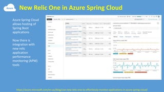 New Relic One in Azure Spring Cloud
https://azure.microsoft.com/en-au/blog/use-new-relic-one-to-effortlessly-monitor-applications-in-azure-spring-cloud/
Azure Spring Cloud
allows hosting of
Spring Boot
applications
Now there is
integration with
new relic
application
performance
monitoring (APM)
tools
 