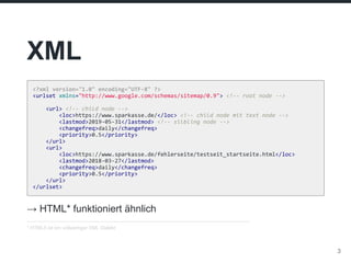 XML
<?xml version="1.0" encoding="UTF-8" ?>
<urlset xmlns="http://www.google.com/schemas/sitemap/0.9"> <!-- root node -->
...