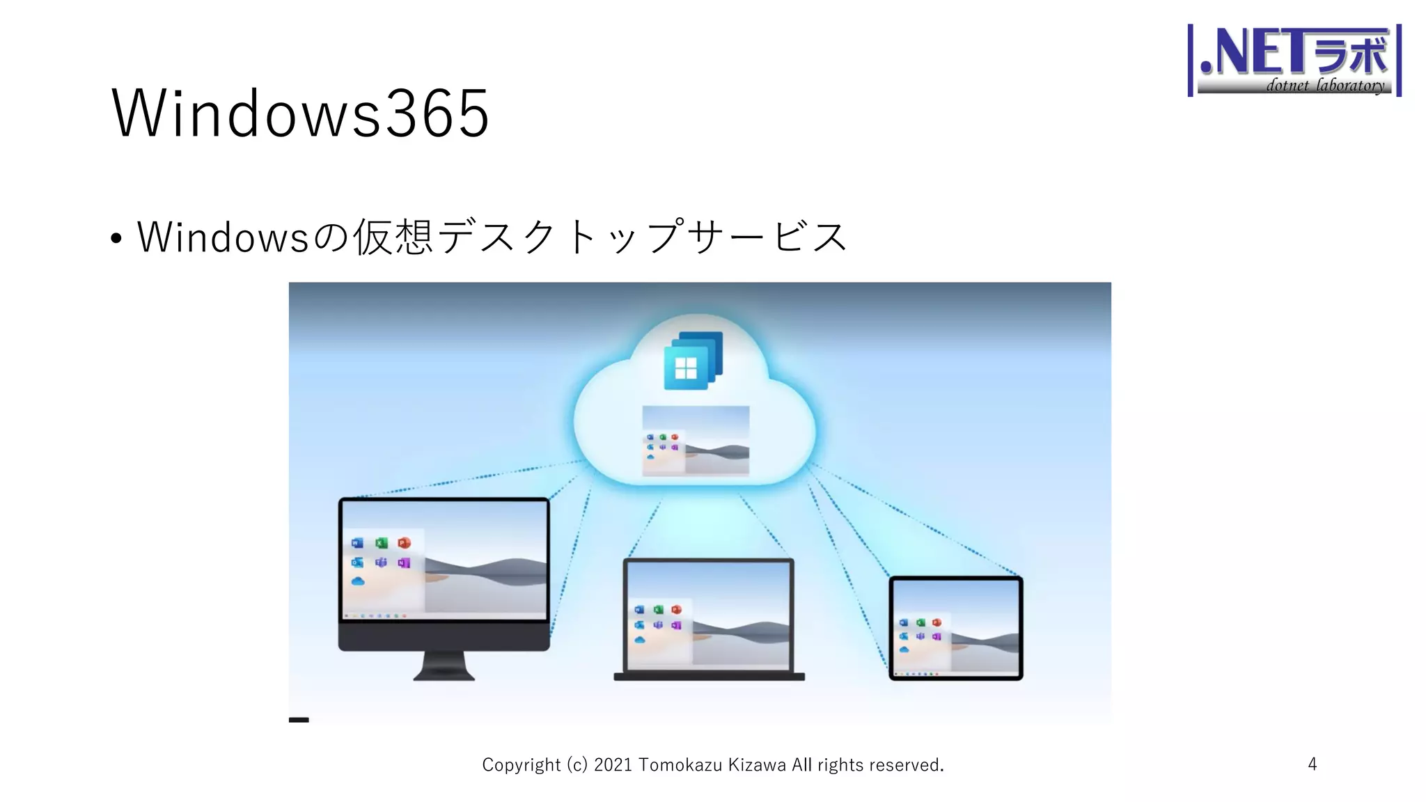 Windows365
• Windowsの仮想デスクトップサービス
Copyright (c) 2021 Tomokazu Kizawa All rights reserved. 4
 