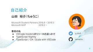 ԼB
2
y_chu5
yamachu
ɽԣ飨夦
Microsoft Student Partners 2016.9  2018.3
Microsoft MVP 2018.2 
նΤ˽
 VSCode InsidersΥ`׷ä
 TypeScript Nightly
 TypeScript / C# / Scala with VSCode
 