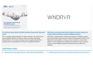 STL delivers Cloud-Native OSS/BSS Solution Powered by Microsoft
Azure
STL an industry leading integrator of digital networks, will provide cloud-
native OSS/BSS solutions for telecom service providers, leveraging
Microsoft Azure. This solution will give telcos the agility they need for
building future-ready applications through its Digital BSS Platform.
Wind River Joins Microsoft Cloud Solution Provider Program to
Further Advance Mission-Critical Intelligent Systems
Wind River, a global leader in delivering software for intelligent systems,
joins the Microsoft Cloud Solution Provider (CSP) program to offer its new
Wind River Studio platform running on Azure. Studio is a cloud-native
platform for the development, deployment, operations, and servicing of
mission-critical intelligent systems that require security, safety, and
reliability.
ADDITIONAL NEWS
• Mavenir Business Messaging Solution – Microsoft Azure Marketplace • Umbrellar partners with NTT to bring Microsoft Cloud to Kiwi customers
 