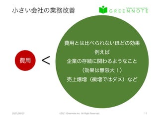 小さい会社の業務改善
2021/09/07 ©2021 Greennote Inc. All Right Reserved. 11
費用 ＜
費用とは比べられないほどの効果
例えば
企業の存続に関わるようなこと
（効果は無限大！）
売上爆増（微増ではダメ）など
 