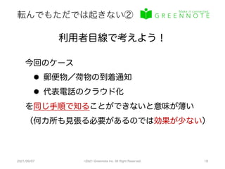 転んでもただでは起きない②
2021/09/07 ©2021 Greennote Inc. All Right Reserved. 18
利用者目線で考えよう！
今回のケース
l 郵便物／荷物の到着通知
l 代表電話のクラウド化
を同じ手順で知ることができないと意味が薄い
（何カ所も見張る必要があるのでは効果が少ない）
 