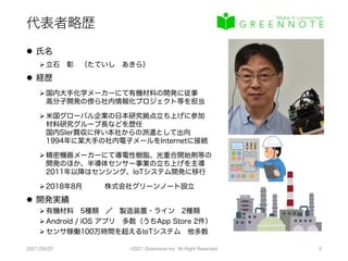 代表者略歴
l 氏名
Ø 立石 彰 （たていし あきら）
l 経歴
Ø 国内大手化学メーカーにて有機材料の開発に従事
高分子開発の傍ら社内情報化プロジェクト等を担当
Ø 米国グローバル企業の日本研究拠点立ち上げに参加
材料研究グループ長などを歴任
国内SIer買収に伴い本社からの派遣として出向
1994年に某大手の社内電子メールをInternetに接続
Ø 精密機器メーカーにて導電性樹脂、光重合開始剤等の
開発のほか、半導体センサー事業の立ち上げを主導
2011年以降はセンシング、IoTシステム開発に移行
Ø 2018年8月 株式会社グリーンノート設立
l 開発実績
Ø 有機材料 5種類 ／ 製造装置・ライン 2種類
Ø Android / iOS アプリ 多数（うちApp Store 2件）
Ø センサ稼働100万時間を超えるIoTシステム 他多数
2021/09/07 ©2021 Greennote Inc. All Right Reserved. 3
 