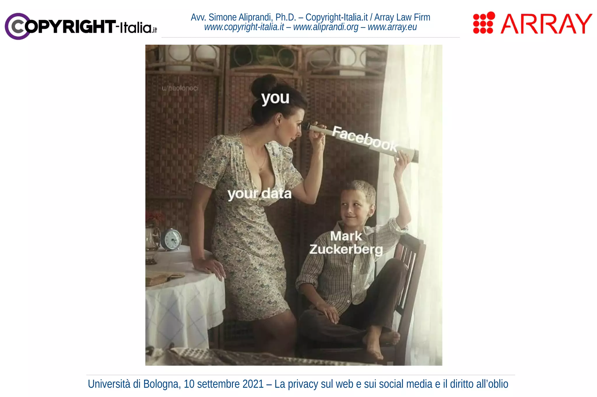 Avv. Simone Aliprandi, Ph.D. – Copyright-Italia.it / Array Law Firm
www.copyright-italia.it – www.aliprandi.org – www.array.eu
Università di Bologna, 10 settembre 2021 – La privacy sul web e sui social media e il diritto all’oblio
 