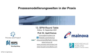 © Prof. Dr. Ayelt Komus
Prozessmodellierungswelten in der Praxis
13. BPM-Round Table
Online, 16. September 2021
Prof. Dr. Ayelt Komus
komus@hs-koblenz.de
linkedin.com/in/komus
xing.com/profile/Ayelt_Komus
www.komus.de
www.process-and-project.net
www.heupel-consultants.com
 