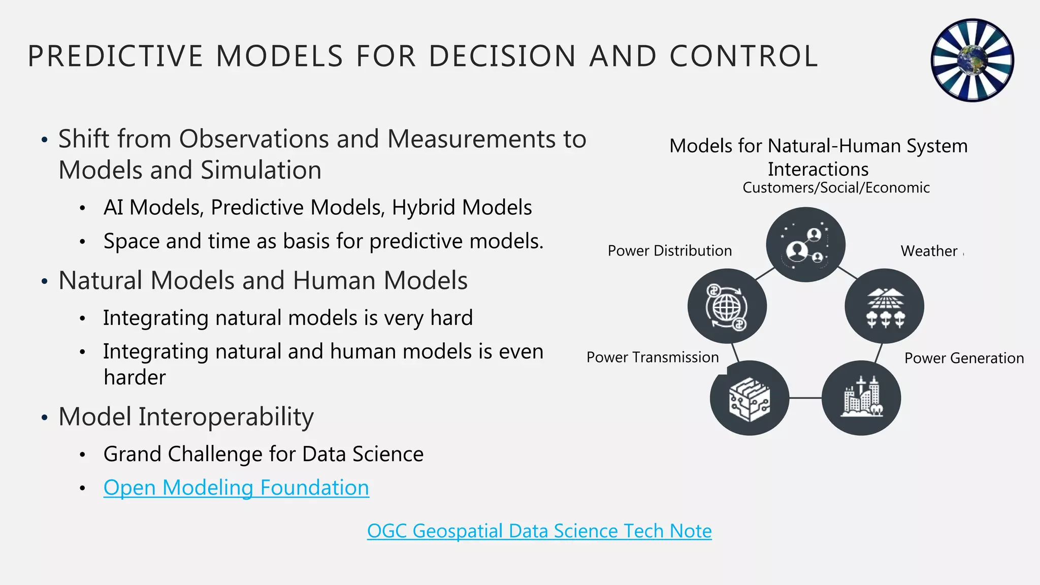 • Shift from Observations and Measurements to
Models and Simulation
• AI Models, Predictive Models, Hybrid Models
• Space and time as basis for predictive models.
• Natural Models and Human Models
• Integrating natural models is very hard
• Integrating natural and human models is even
harder
• Model Interoperability
• Grand Challenge for Data Science
• Open Modeling Foundation
PREDICTIVE MODELS FOR DECISION AND CONTROL
Social
Agriculture
Economic
Natural Infrastructure
Models for Natural-Human System
Interactions
Weather
Power Generation
Power Distribution
Power Transmission
Customers/Social/Economic
OGC Geospatial Data Science Tech Note
 