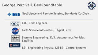 GeoScience and Remote Sensing, Standards Co-Chair
CTO, Chief Engineer
Earth Science Informatics; Digital Earth
Systems Engineering; EV1, Autonomous Vehicles,
Satellites
BS – Engineering Physics, MS EE – Control Systems
George Percivall, GeoRoundtable
 