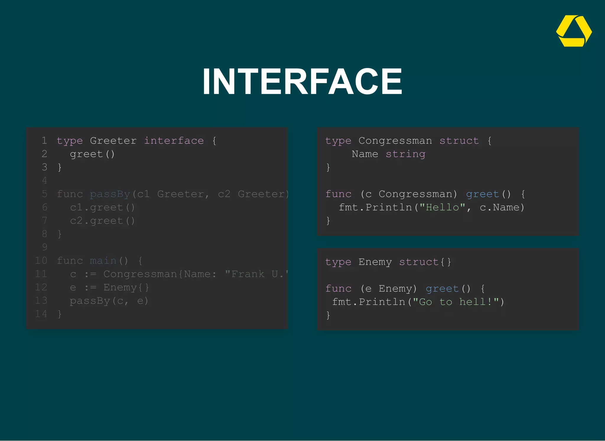INTERFACE
type Greeter interface {
greet()
}
1
2
3
4
func passBy(c1 Greeter, c2 Greeter)
5
c1.greet()
6
c2.greet()
7
}
8
9
func main() {
10
c := Congressman{Name: "Frank U."
11
e := Enemy{}
12
passBy(c, e)
13
}
14
func passBy(c1 Greeter, c2 Greeter)
c1.greet()
c2.greet()
}
type Greeter interface {
1
greet()
2
}
3
4
5
6
7
8
9
func main() {
10
c := Congressman{Name: "Frank U."
11
e := Enemy{}
12
passBy(c, e)
13
}
14
func main() {
c := Congressman{Name: "Frank U."
e := Enemy{}
passBy(c, e)
}
type Greeter interface {
1
greet()
2
}
3
4
func passBy(c1 Greeter, c2 Greeter)
5
c1.greet()
6
c2.greet()
7
}
8
9
10
11
12
13
14
type Greeter interface {
greet()
}
1
2
3
4
func passBy(c1 Greeter, c2 Greeter)
5
c1.greet()
6
c2.greet()
7
}
8
9
func main() {
10
c := Congressman{Name: "Frank U."
11
e := Enemy{}
12
passBy(c, e)
13
}
14
type Congressman struct {

Name string

}


func (c Congressman) greet() {

fmt.Println("Hello", c.Name)

}
type Enemy struct{}



func (e Enemy) greet() {
fmt.Println("Go to hell!") 

}
 