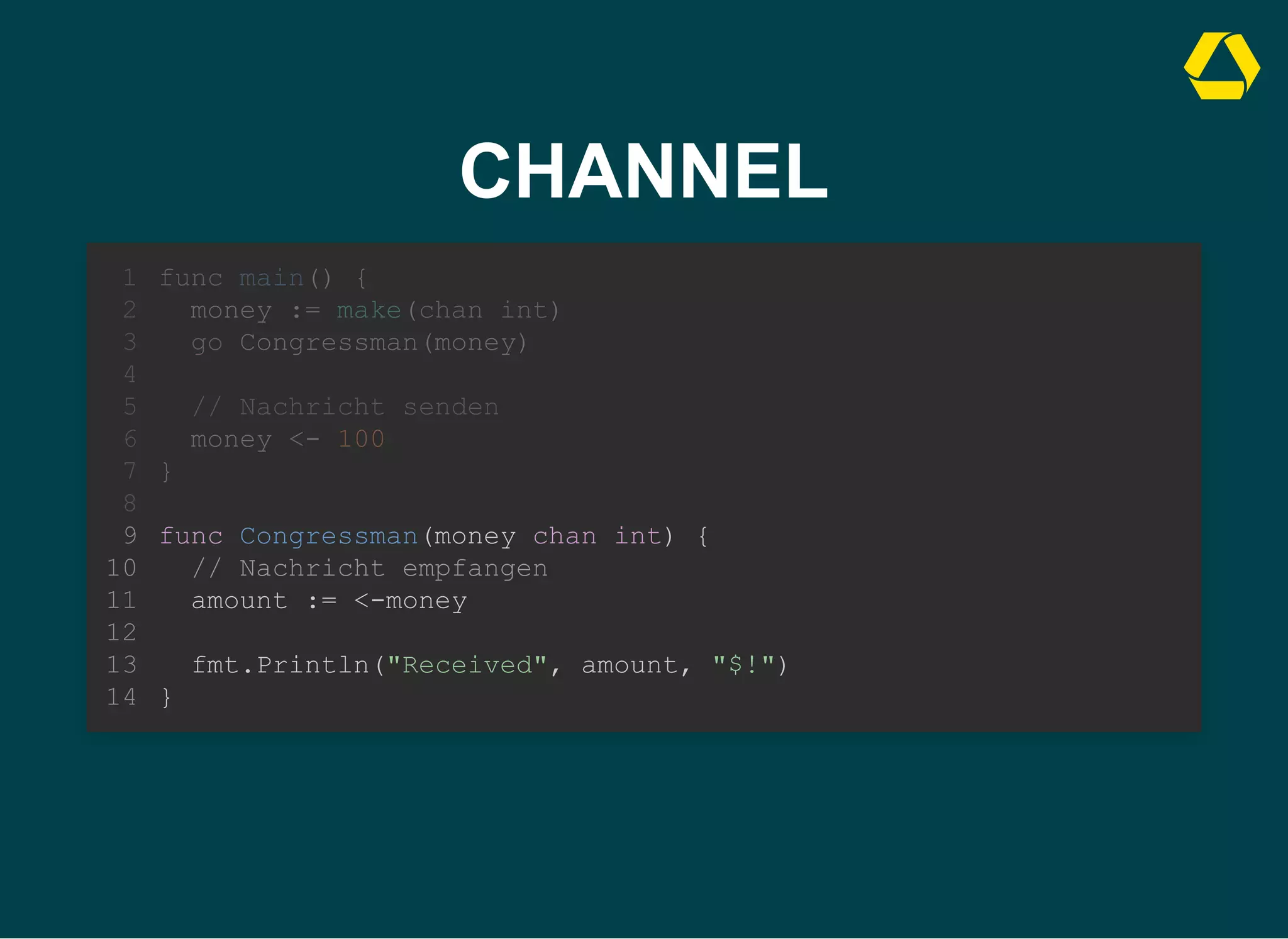 CHANNEL
money := make(chan int)
go Congressman(money)
func main() {
1
2
3
4
// Nachricht senden
5
money <- 100
6
}
7
8
func Congressman(money chan int) {
9
// Nachricht empfangen
10
amount := <-money
11
12
fmt.Println("Received", amount, "$!")
13
}
14
// Nachricht senden
money <- 100
func main() {
1
money := make(chan int)
2
go Congressman(money)
3
4
5
6
}
7
8
func Congressman(money chan int) {
9
// Nachricht empfangen
10
amount := <-money
11
12
fmt.Println("Received", amount, "$!")
13
}
14
func Congressman(money chan int) {
// Nachricht empfangen
amount := <-money
fmt.Println("Received", amount, "$!")
}
func main() {
1
money := make(chan int)
2
go Congressman(money)
3
4
// Nachricht senden
5
money <- 100
6
}
7
8
9
10
11
12
13
14
 