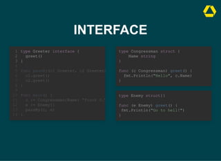 INTERFACE
type Greeter interface {
greet()
}
1
2
3
4
func passBy(c1 Greeter, c2 Greeter)
5
c1.greet()
6
c2.greet()
7
}
8
9
func main() {
10
c := Congressman{Name: "Frank U."
11
e := Enemy{}
12
passBy(c, e)
13
}
14
func passBy(c1 Greeter, c2 Greeter)
c1.greet()
c2.greet()
}
type Greeter interface {
1
greet()
2
}
3
4
5
6
7
8
9
func main() {
10
c := Congressman{Name: "Frank U."
11
e := Enemy{}
12
passBy(c, e)
13
}
14
func main() {
c := Congressman{Name: "Frank U."
e := Enemy{}
passBy(c, e)
}
type Greeter interface {
1
greet()
2
}
3
4
func passBy(c1 Greeter, c2 Greeter)
5
c1.greet()
6
c2.greet()
7
}
8
9
10
11
12
13
14
type Greeter interface {
greet()
}
1
2
3
4
func passBy(c1 Greeter, c2 Greeter)
5
c1.greet()
6
c2.greet()
7
}
8
9
func main() {
10
c := Congressman{Name: "Frank U."
11
e := Enemy{}
12
passBy(c, e)
13
}
14
type Congressman struct {

Name string

}


func (c Congressman) greet() {

fmt.Println("Hello", c.Name)

}
type Enemy struct{}



func (e Enemy) greet() {
fmt.Println("Go to hell!") 

}
 