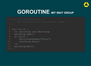 GOROUTINE MIT WAIT GROUP
func main() {
var waitGroup sync.WaitGroup
waitGroup.Add(1)
go func() {
HelloCongressman("Russo")
waitGroup.Done()
}()
waitGroup.Wait()
}
func HelloCongressman() {
1
fmt.Println("Hello Congressman", name)
2
}
3
4
5
6
7
8
9
10
11
12
13
 