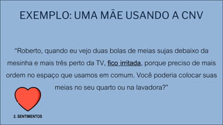 EXEMPLO: UMA MÃE USANDO A CNV
“Roberto, quando eu vejo duas bolas de meias sujas debaixo da
mesinha e mais três perto da TV, fico irritada, porque preciso de mais
ordem no espaço que usamos em comum. Você poderia colocar suas
meias no seu quarto ou na lavadora?”
2. SENTIMENTOS
 
