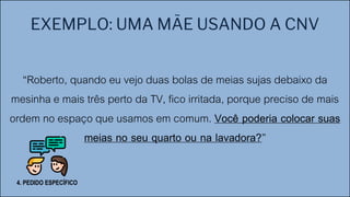 EXEMPLO: UMA MÃE USANDO A CNV
“Roberto, quando eu vejo duas bolas de meias sujas debaixo da
mesinha e mais três perto da TV, fico irritada, porque preciso de mais
ordem no espaço que usamos em comum. Você poderia colocar suas
meias no seu quarto ou na lavadora?”
4. PEDIDO ESPECÍFICO
 