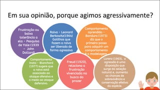 Em sua opinião, porque agimos agressivamente?
Frustração ou
baixa
tolerância a
ela - Pesquisa
de Yale (1939
- John
Dollard)
Comportamento
Inato - Blanchard
(1977) sugere que
a raiva está
associada ao
ataque ofensivo e
o medo ao ataque
defensivo.
Raiva - Leonard
Berkowitz(1964)
Gatilhos que
fazem a raiva
ser liberada de
forma agressiva
Comportamento
aprendido -
Bandura (1973)
diz que o
primeiro passo
para adquirir um
comportamento
é a modelagem.
Freud (1920),
relaciona a
frustração
vivenciada na
busca do
prazer
Lorenz (1963), a
agressão é uma
disposição que
surge da seleção
natural e, aumenta
as chances de
sobrevivência e
conservação efetiva
da espécie.
 