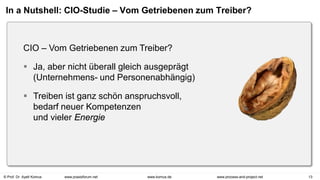 © Prof. Dr. Ayelt Komus 13
www.komus.de www.process-and-project.net
www.praxisforum.net
CIO – Vom Getriebenen zum Treiber?
 Ja, aber nicht überall gleich ausgeprägt
(Unternehmens- und Personenabhängig)
 Treiben ist ganz schön anspruchsvoll,
bedarf neuer Kompetenzen
und vieler Energie
In a Nutshell: CIO-Studie – Vom Getriebenen zum Treiber?
 