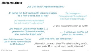 © Prof. Dr. Ayelt Komus 6
www.komus.de www.process-and-project.net
www.praxisforum.net
Markante Zitate
„Als CIO bin ich Allgemeinmediziner.“
„In Bezug auf die Frauenquote kann man sagen,
it’s a man‘s world. Das ist klar.“
„Auf meine Fachinformatikerstelle
hat sich nie eine Frau beworben“
„Technologie vs.
Prozessausrichtung ist auch
eine Generationenfrage.“
„IT-Chef muss mehr können als nur IT.“
„… IT wirklich von der Pike auf
gelernt und verstanden …“
„Die meisten Unternehmen hätten […]
gerne einen Diplom-Informatiker,
aber auch das ändert sich.“
„Wer nicht lernt, der kann gehen.“
„Vom Getriebenen zum Treiber.
Das ist meine Formulierung in
der IT-Strategie.“ „Wenn sich das nach einer Wurzelbehandlung anhört,
was in der IT zu tun ist, dann macht keiner mit.“
 