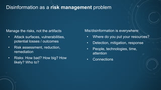 Disinformation as a risk management problem
Manage the risks, not the artifacts
• Attack surfaces, vulnerabilities,
potential losses / outcomes
• Risk assessment, reduction,
remediation
• Risks: How bad? How big? How
likely? Who to?
Mis/disinformation is everywhere:
• Where do you put your resources?
• Detection, mitigation, response
• People, technologies, time,
attention
• Connections
 