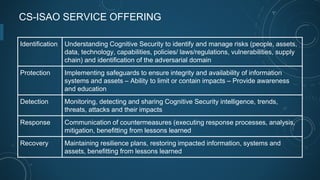 CS-ISAO SERVICE OFFERING
Identification Understanding Cognitive Security to identify and manage risks (people, assets,
data, technology, capabilities, policies/ laws/regulations, vulnerabilities, supply
chain) and identification of the adversarial domain
Protection Implementing safeguards to ensure integrity and availability of information
systems and assets – Ability to limit or contain impacts – Provide awareness
and education
Detection Monitoring, detecting and sharing Cognitive Security intelligence, trends,
threats, attacks and their impacts
Response Communication of countermeasures (executing response processes, analysis,
mitigation, benefitting from lessons learned
Recovery Maintaining resilience plans, restoring impacted information, systems and
assets, benefitting from lessons learned
 