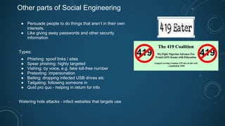 Other parts of Social Engineering
● Persuade people to do things that aren’t in their own
interests.
● Like giving away passwords and other security
information
Types:
● Phishing: spoof links / sites
● Spear phishing: highly targeted
● Vishing: by voice, e.g. fake toll-free number
● Pretexting: impersonation
● Baiting: dropping infected USB drives etc
● Tailgating: following someone in
● Quid pro quo - helping in return for info
Watering hole attacks - infect websites that targets use
 