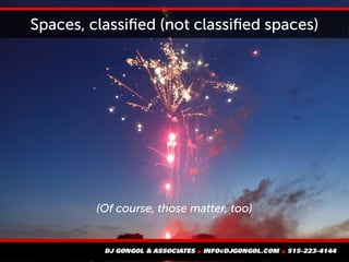 Spaces, classified (not classified spaces)
(Of course, those matter, too)
 
