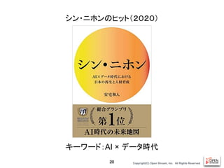 Copyright(C) Open Stream, Inc.　All Rights Reserved.
シン・ニホンのヒット（２０２０）
20
キーワード：AI × データ時代
 