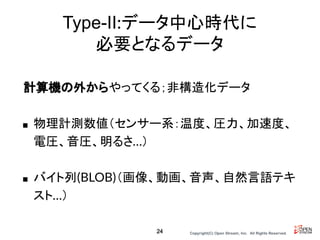 Copyright(C) Open Stream, Inc.　All Rights Reserved.
Type-II:データ中心時代に
必要となるデータ
24
計算機の外からやってくる；非構造化データ
■ 物理計測数値（センサー系：温度、圧力、加速度、
電圧、音圧、明るさ…）
■ バイト列(BLOB)（画像、動画、音声、自然言語テキ
スト…）
 