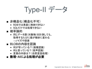 Copyright(C) Open Stream, Inc.　All Rights Reserved.
Type-II データ
■ 非構造化（構造化不可）
• RDBでは素直に格納できない
• SQLだけでは処理できない
■ 確率論的
• 同じデータ源（対象物）を計測しても、
取得するたびに値が微妙に変わる
→ノイズや誤差
■ BLOBの内容を認識
• 何が写っている？（画像認識）
• 何と言っている？（音声認識）
• 言葉の内容は？（自然言語処理）
■ 数理・AIによる処理が必要
27
 