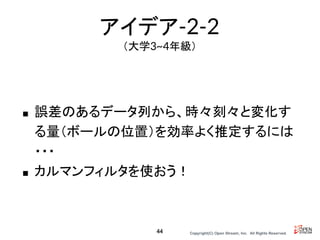 Copyright(C) Open Stream, Inc.　All Rights Reserved.
アイデア-2-2
（大学3~4年級）
■ 誤差のあるデータ列から、時々刻々と変化す
る量（ボールの位置）を効率よく推定するには
・・・
■ カルマンフィルタを使おう！
44
 