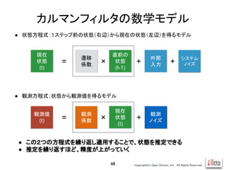 Copyright(C) Open Stream, Inc.　All Rights Reserved.
カルマンフィルタの数学モデル
48
現在
状態
(t)
=
直前の
状態
(t-1)
遷移
係数 ×
外部
入力
+
システム
ノイズ
+
● 状態方程式：１ステップ前の状態（右辺）から現在の状態（左辺）を得るモデル
現在
状態
(t)
観測値
(t)
観測
係数
= ×
観測
ノイズ
+
● 観測方程式：状態から観測値を得るモデル
● この２つの方程式を繰り返し適用することで、状態を推定できる
● 推定を繰り返すほど、精度が上がっていく
 