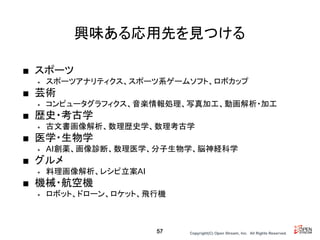 Copyright(C) Open Stream, Inc.　All Rights Reserved.
興味ある応用先を見つける
■ スポーツ
• スポーツアナリティクス、スポーツ系ゲームソフト、ロボカップ
■ 芸術
• コンピュータグラフィクス、音楽情報処理、写真加工、動画解析・加工
■ 歴史・考古学
• 古文書画像解析、数理歴史学、数理考古学
■ 医学・生物学
• AI創薬、画像診断、数理医学、分子生物学、脳神経科学
■ グルメ
• 料理画像解析、レシピ立案AI
■ 機械・航空機
• ロボット、ドローン、ロケット、飛行機
57
 