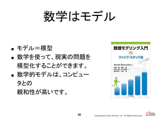 Copyright(C) Open Stream, Inc.　All Rights Reserved.
数学はモデル
■ モデル＝模型
■ 数学を使って、現実の問題を
模型化することができます。
■ 数学的モデルは、コンピュー
タとの
親和性が高いです。
66
 