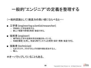 Copyright(C) Open Stream, Inc.　All Rights Reserved.
一般的”エンジニア”の定義を整理する
（一般的認識として）創造力の高い順にならべると・・・
■ 工学者 (engineering scientist/researcher)
• 学術的に工学を研究する。
• 新しい理論や原理を発見・創造できる。
■ 技術者 (engineer)
• 専門的な工学や自然科学の知識を持っている。
• 知識を駆使・応用し、有益な物やシステムを発明・設計・開発・製造できる。
■ 技能者 (technician)
• ものづくりや、プログラミングの実作業を担当する人。
• 職人。
＃オーバラップしていることもある。
89
 