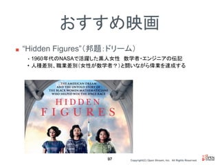 Copyright(C) Open Stream, Inc.　All Rights Reserved.
おすすめ映画
■ “Hidden Figures”（邦題：ドリーム）
97
• 1960年代のNASAで活躍した黒人女性　数学者・エンジニアの伝記
• 人種差別、職業差別（女性が数学者？）と闘いながら偉業を達成する
 