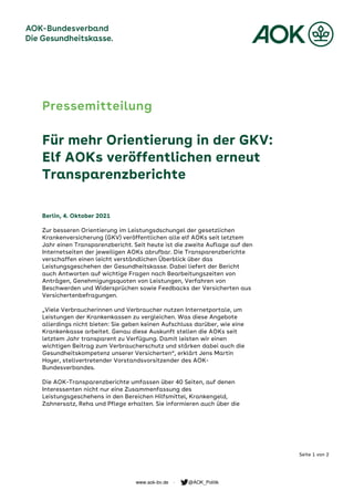 Pressemitteilung des AOK-Bundesverbandes vom 4. Oktober 2021: Für mehr Orientierung in der GKV: Elf AOKs veröffentlichen erneut Transparenzberichte