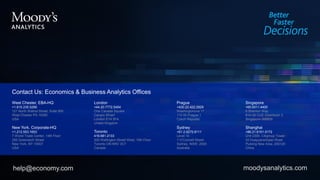West Chester, EBA-HQ
+1.610.235.5299
121 North Walnut Street, Suite 500
West Chester PA 19380
USA
New York, Corporate-HQ
+1.212.553.1653
7 World Trade Center, 14th Floor
250 Greenwich Street
New York, NY 10007
USA
London
+44.20.7772.5454
One Canada Square
Canary Wharf
London E14 5FA
United Kingdom
Toronto
416.681.2133
200 Wellington Street West, 15th Floor
Toronto ON M5V 3C7
Canada
Prague
+420.22.422.2929
Washingtonova 17
110 00 Prague 1
Czech Republic
Sydney
+61.2.9270.8111
Level 10
1 O'Connell Street
Sydney, NSW, 2000
Australia
Singapore
+65.6511.4400
6 Shenton Way
#14-08 OUE Downtown 2
Singapore 068809
Shanghai
+86.21.6101.0172
Unit 2306, Citigroup Tower
33 Huayuanshiqiao Road
Pudong New Area, 200120
China
Contact Us: Economics & Business Analytics Offices
help@economy.com moodysanalytics.com
 