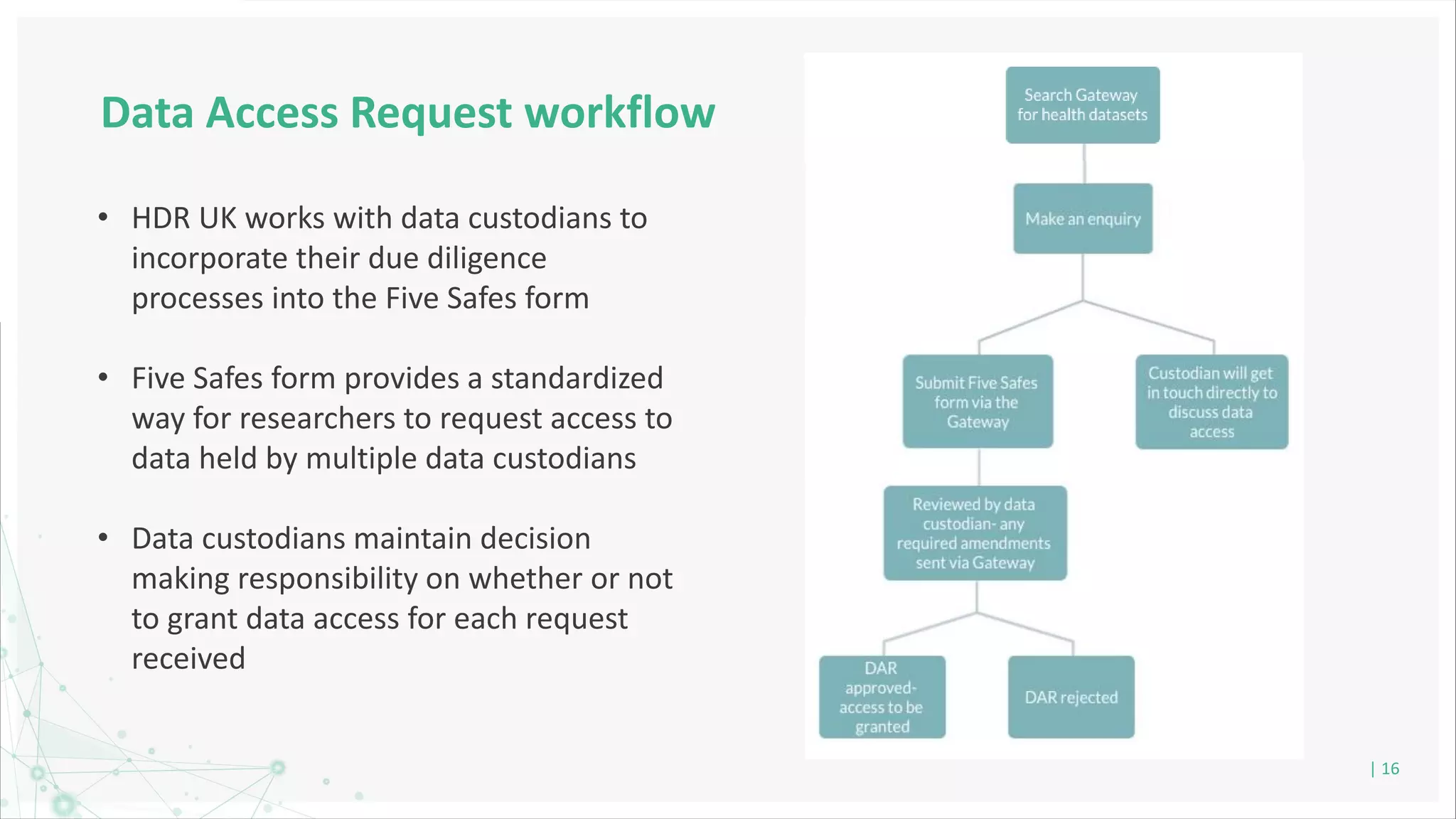 Data Access Request workflow
| 16
• HDR UK works with data custodians to
incorporate their due diligence
processes into the Five Safes form
• Five Safes form provides a standardized
way for researchers to request access to
data held by multiple data custodians
• Data custodians maintain decision
making responsibility on whether or not
to grant data access for each request
received
 