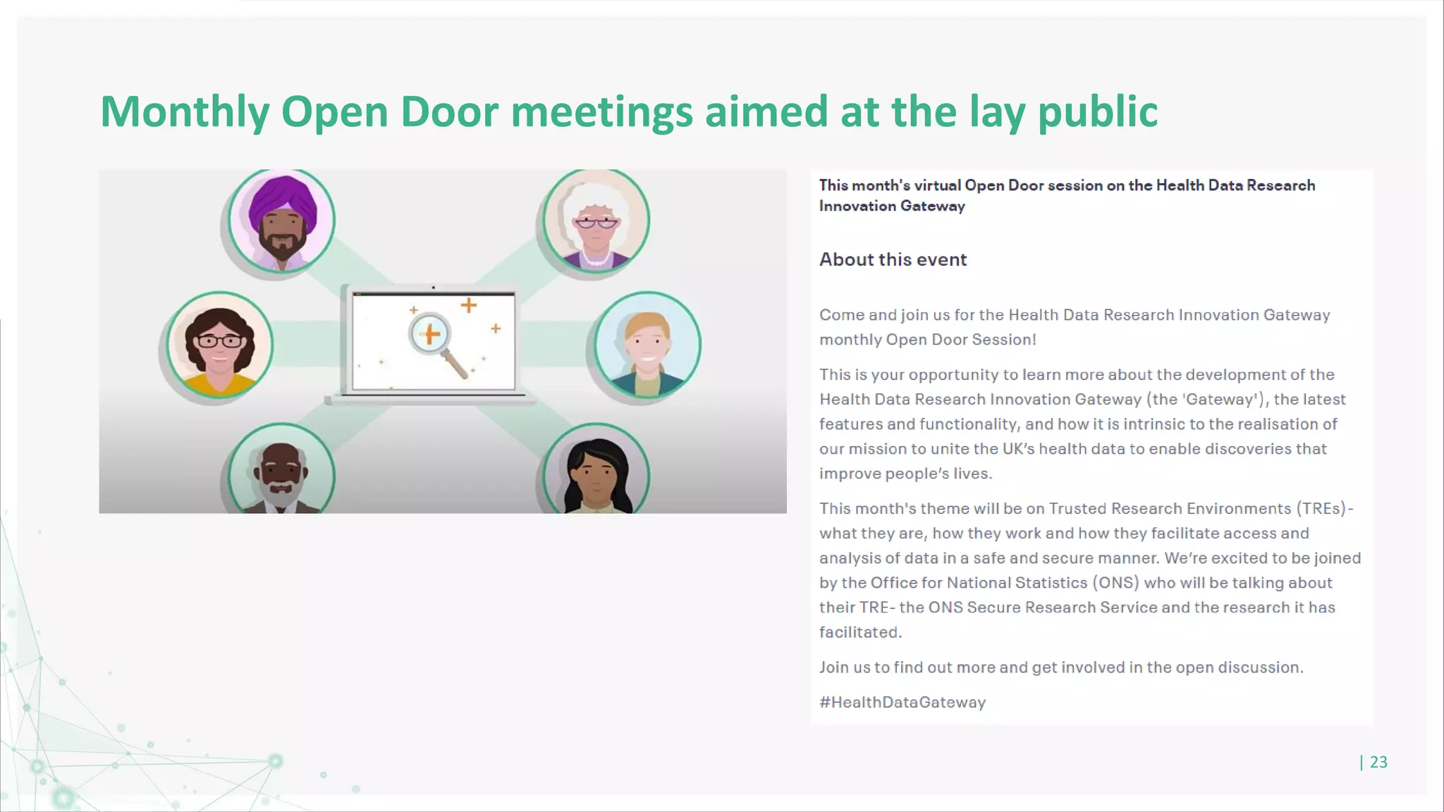 Monthly Open Door meetings aimed at the lay public
| 23
 
