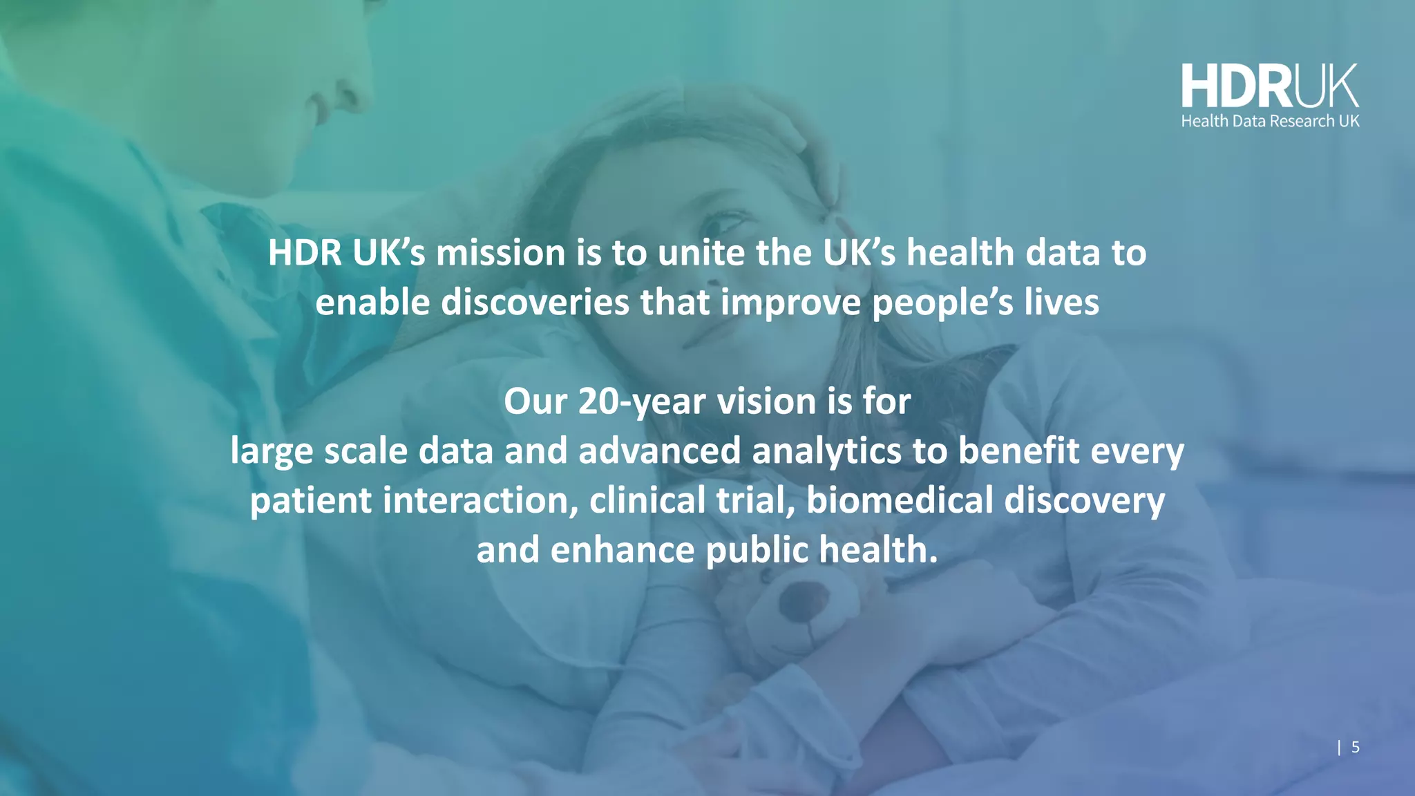 HDR UK’s mission is to unite the UK’s health data to
enable discoveries that improve people’s lives
Our 20-year vision is for
large scale data and advanced analytics to benefit every
patient interaction, clinical trial, biomedical discovery
and enhance public health.
| 5
 