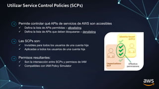 Utilizar Service Control Policies (SCPs)
Permite controlar qué APIs de servicios de AWS son accesibles
 Defina la lista de APIs permitidas – allowlisting
 Defina la lista de APIs que deben bloquearse – denylisting
Las SCPs son:
 Invisibles para todos los usuarios de una cuenta hija
 Aplicadas a todos los usuarios de una cuenta hija
Permisos resultantes:
 Son la intersección entre SCPs y permisos de IAM
 Compatibles con IAM Policy Simulator
 