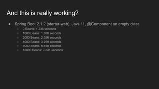 And this is really working?
● Spring Boot 2.1.2 (starter-web), Java 11, @Component on empty class
○ 0 Beans: 1.236 seconds
○ 1000 Beans: 1.808 seconds
○ 2000 Beans: 2.356 seconds
○ 4000 Beans: 3.259 seconds
○ 8000 Beans: 6.498 seconds
○ 16000 Beans: 9.231 seconds
 