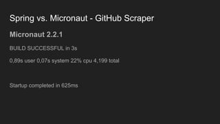 Spring vs. Micronaut - GitHub Scraper
Micronaut 2.2.1
BUILD SUCCESSFUL in 3s
0,89s user 0,07s system 22% cpu 4,199 total
Startup completed in 625ms
 