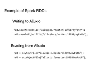 Example of Spark RDDs
Writing to Alluxio
rdd.saveAsTextFile(“alluxio://master:19998/myPath”);
rdd.saveAsObjectFile(“alluxio://master:19998/myPath”);
Reading from Alluxio
rdd = sc.textFile(“alluxio://master:19998/myPath”);
rdd = sc.objectFile(“alluxio://master:19998/myPath”);
 
