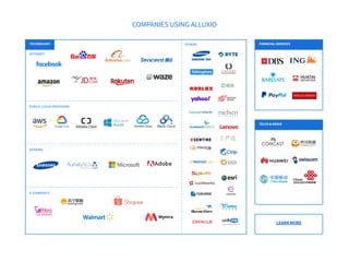 COMPANIES USING ALLUXIO
INTERNET
PUBLIC CLOUD PROVIDERS
GENERAL
E-COMMERCE
OTHERS
TECHNOLOGY FINANCIAL SERVICES
TELCO & MEDIA
LEARN MORE
 