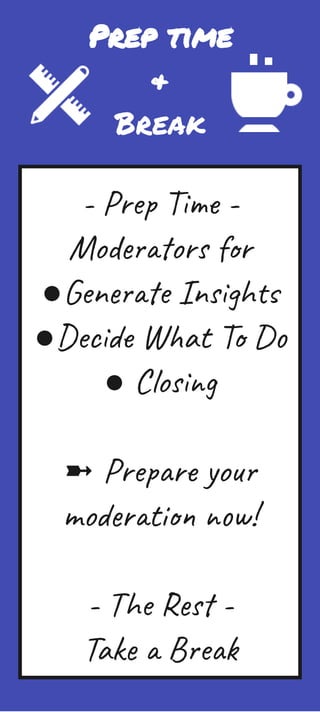 Prep time
&
Break
- Prep Time -
Moderators for 
●Generate Insights
●Decide What To Do
● Closing
➼ Prepare your 
moderation now!
- The Rest -
Take a Break
 